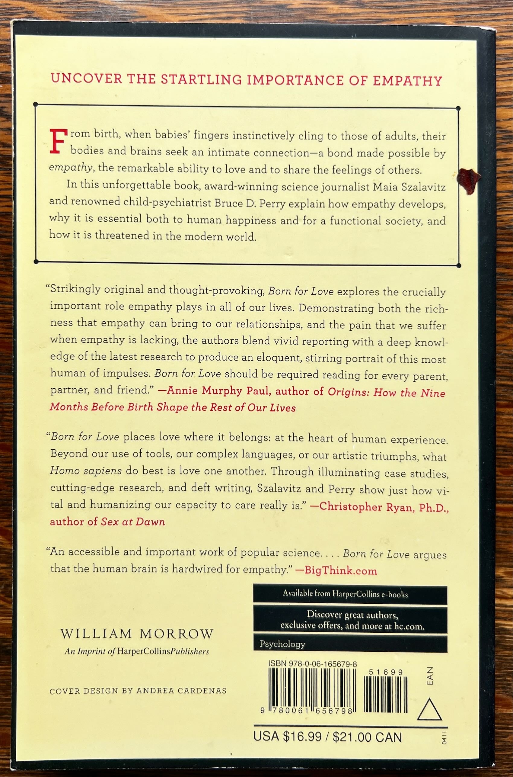 Book, Self Help, Maia Szalavitz and Bruce D. Perry, Born for Love, Back view