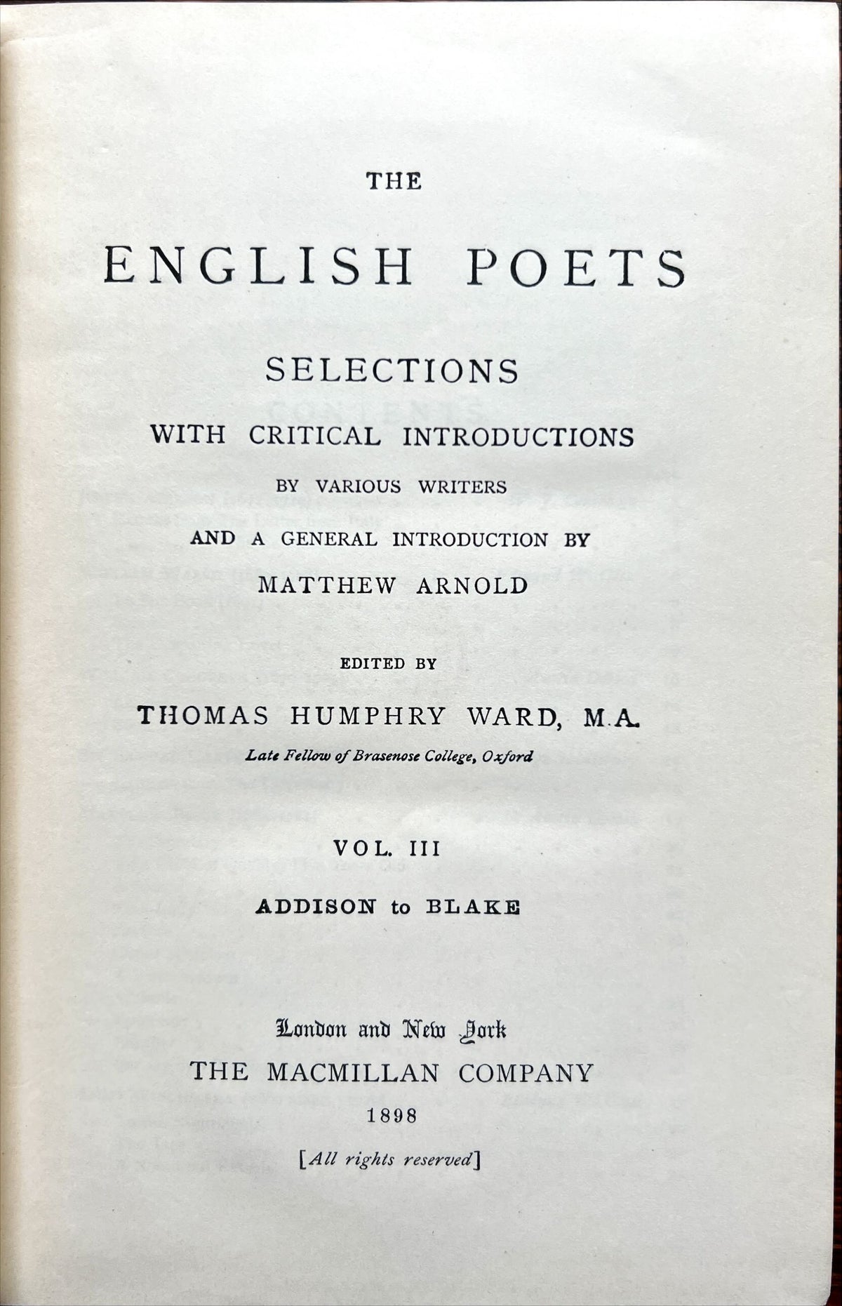 Book, Poetry, Literature, T.H. Ward, The English Poets: Selections with Critical Introductions, Vol III. Addison to Blake, Inside view