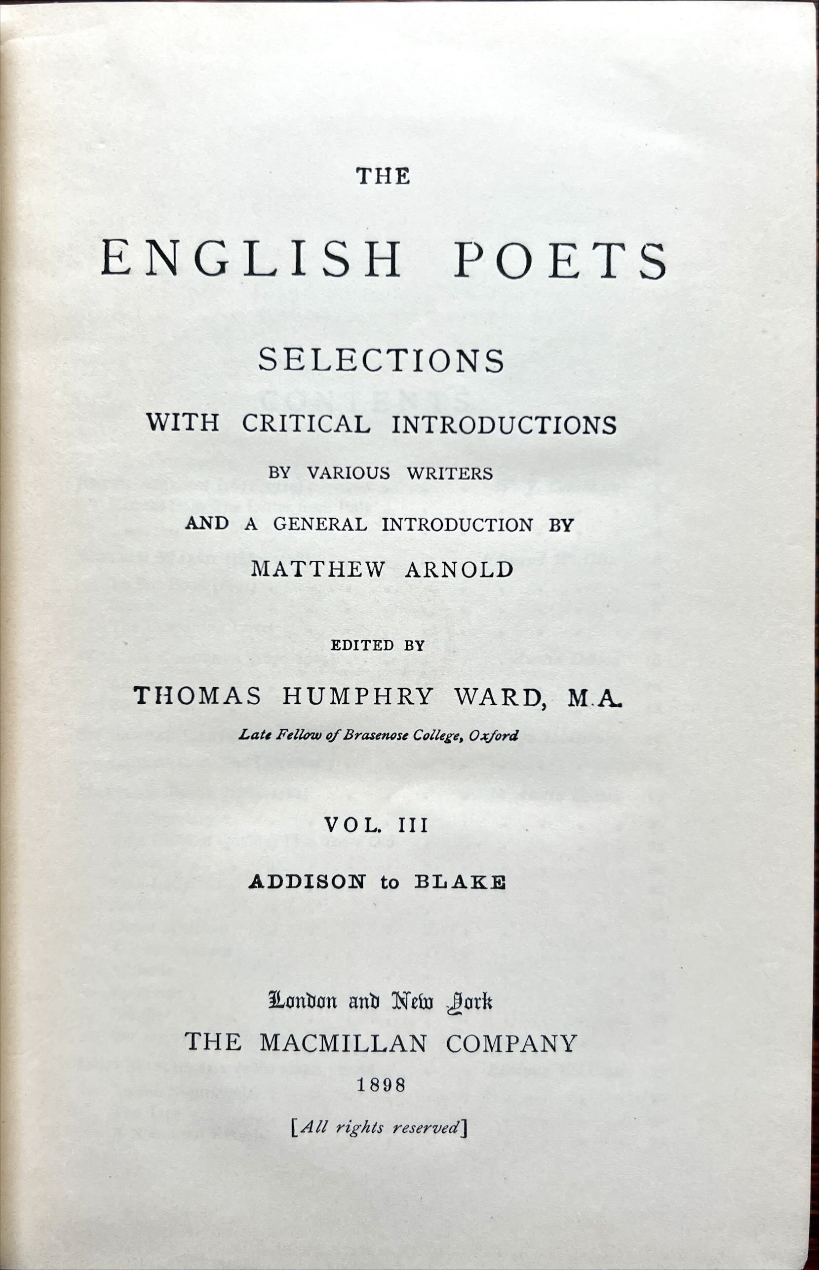 Book, Poetry, Literature, T.H. Ward, The English Poets: Selections with Critical Introductions, Vol III. Addison to Blake, Inside view