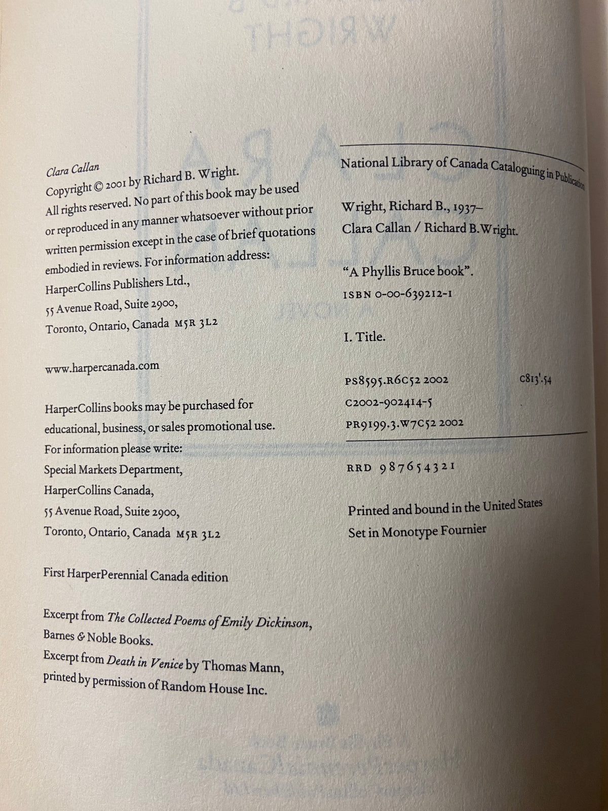 Book, Fiction, Richard B. Wright, Clara Callan, Inside view